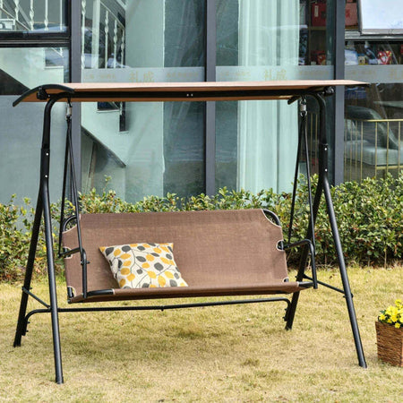Dondolo-da-Giardino-Terrazza-3-Posti-con-Tettuccio-Regolabile-in-Metallo-e-Texteline-172x110x155cm-Marrone-84A-181BN