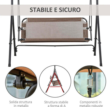 Dondolo-da-Giardino-Terrazza-3-Posti-con-Tettuccio-Regolabile-in-Metallo-e-Texteline-172x110x155cm-Marrone-84A-181BN
