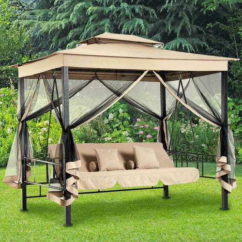 Dondolo-Letto-3-Posti-Con-Gazebo-Parasole-Zanzariera-Giardino-Beige-257x174x235