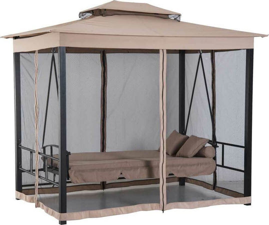 Dondolo-Letto-3-Posti-Con-Gazebo-Parasole-Zanzariera-Giardino-Beige-257x174x235