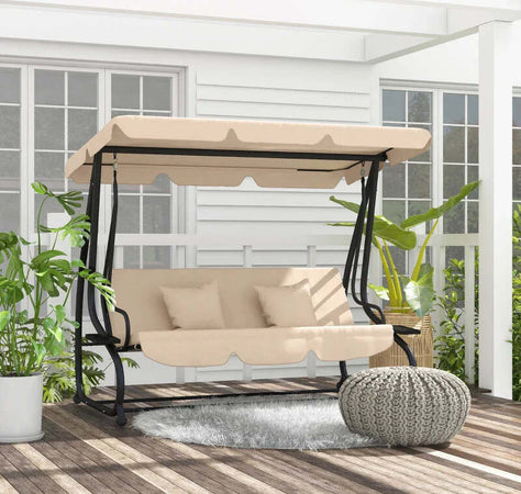 Dondolo-Letto-da-Giardino-3-Posti-con-Tetto-Regolabile-e-Vassoio,-200x120x164-cm,-Marrone-Chiaro--84A-050V02SD