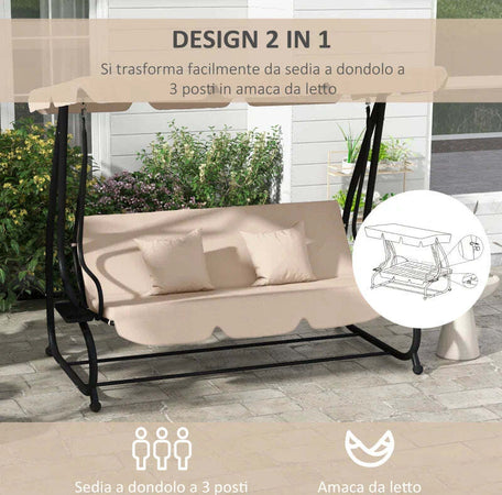 Dondolo-Letto-da-Giardino-3-Posti-con-Tetto-Regolabile-e-Vassoio,-200x120x164-cm,-Marrone-Chiaro--84A-050V02SD