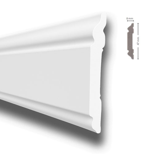 *STOCK FOLLI* Profilo o cornice per boiserie in Polimeri Bianco RAL 9016 verniciabile 47X8mm (Prezzo al metro)