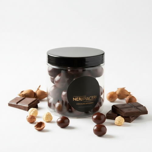 Dragees/nocciole Fondenti Confezione in Vaso Gr. 140 Neri Piaceri Cioccolato Artigianale