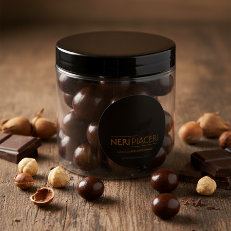Dragees/nocciole Fondenti Confezione in Vaso Gr. 140 Neri Piaceri Cioccolato Artigianale