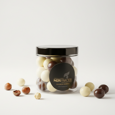 Dragees/nocciole Miste Latte Bianche E Fondenti Confezione in Vaso Gr. 140 Neri Piaceri Cioccolato Artigianale