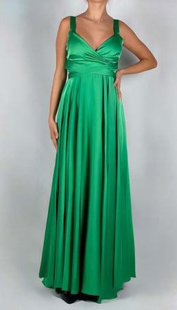 Dramée-Abito-In-Satin-Verde-Lungo-in-Seta-Donna