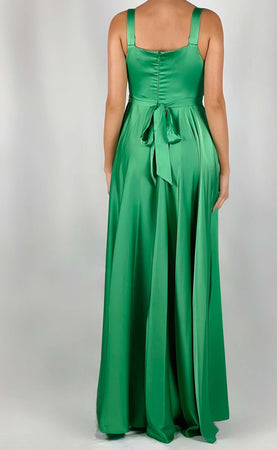 Dramée-Abito-In-Satin-Verde-Lungo-in-Seta-Donna