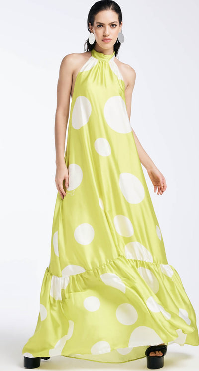 Dramee-Vestito-Lungo-Donna-Con-Cintura-A-Pois-Lime