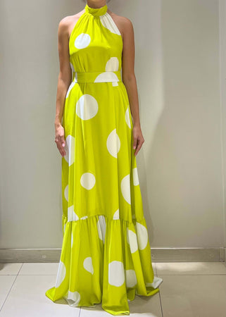 Dramee-Vestito-Lungo-Donna-Con-Cintura-A-Pois-Lime