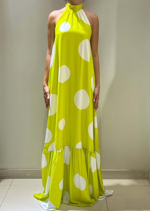 Dramee-Vestito-Lungo-Donna-Con-Cintura-A-Pois-Lime