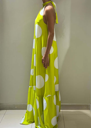 Dramee-Vestito-Lungo-Donna-Con-Cintura-A-Pois-Lime