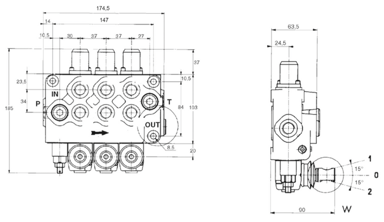 Distributore Walvoil SD5 a 3 leve doppio effetto e doppio effetto flottante - 40L