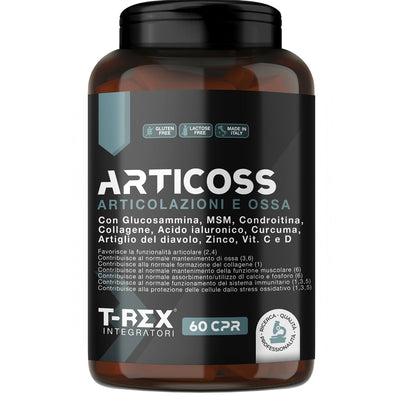 Integratore Per Articolazioni Ossa E Cartilagini Articoss T-rex Integratori Con Glucosamina Condroitina Msm Artiglio Del Diavolo, Vitamina C E Vitamina D, Collagene E Acido Ialuronico. 60 Compresse