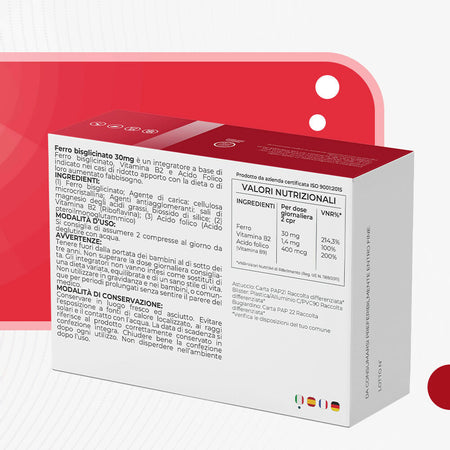 Ferro integratore 30 mg con acido folico e vitamina b2-160 compresse - per globuli rossi, ossigeno, sistema immunitario, stanchezza e benessere mentale