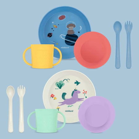 MINILAND Learning tableware Dream - set pappa educativo - bicchiere con manici, piatto piano, ciotola piatto fondo, posate - unicorno