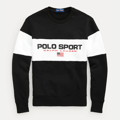 Ralph Lauren Felpa Uomo Polo Sport Usa Senza Cappuccio Girocollo Bianca E Nera Felpa Polsini E Bordo a Coste