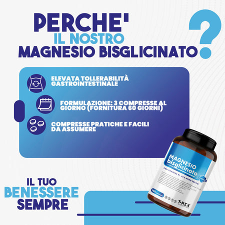 T-Rex Integratori Magnesio Bisglicinato 375mg con Vitamina B6, B1 e Acido Folico - 180 compresse - Sistema nervoso, Energia, Muscoli e Ossa