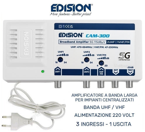 Amplificatore Antenna Tv Centralino VHF UHF Da Interno Per Digitale Terrestre DVB-T2 Con Filtro LTE 5G