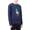 Ralph Lauren Maglione Blu Girocollo Stampa Big Pony Multicolor Felpa Senza Cappuccio Polsini e Fondo a Coste Polo