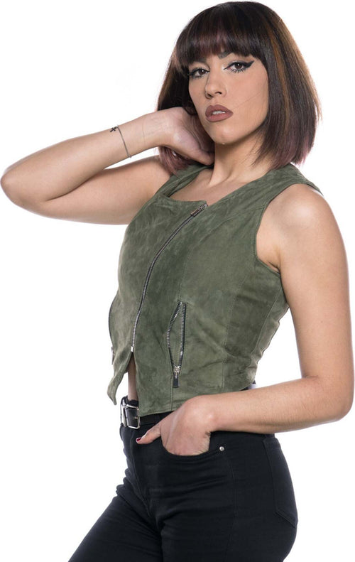 Elena-Bis---Gilet-Smanicato-Donna-Verde-in-vero-Camoscio