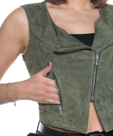 Elena-Bis---Gilet-Smanicato-Donna-Verde-in-vero-Camoscio