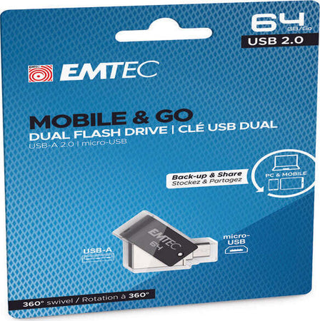 Emtec - Dual USB2.0 T260 - micro-USB - ECMMD64GT262B - 64GB Elettronica/Informatica/Dispositivi archiviazione dati/Dispositivi archiviazione dati esterni/PenDrive Eurocartuccia - Pavullo, Commerciovirtuoso.it