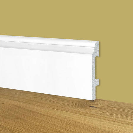 80ml bancale di Battiscopa Zoccolino BIANCO mod. CORINZIO 95x15x2000mm in POLIMERI - Polistrutturato - Eternal Parquet