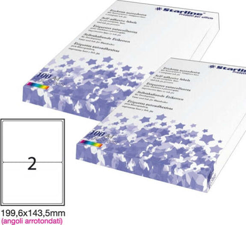 Etichetta adesiva - permanente - 199 6x143 5 mm - angoli tondi - 2 etichette per foglio - bianco - Starline - conf. 100 fogli A4 Cancelleria e prodotti per ufficio/Archivio ufficio e accessori per scrivania/Etichette divisori per schedario e timbri/Etichette ed etichette adesive/Etichette per stampanti Eurocartuccia - Pavullo, Commerciovirtuoso.it