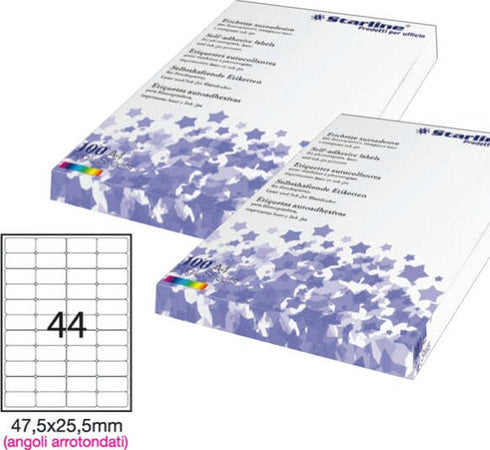 Etichetta adesiva - permanente - 47 5x25 5 mm - angoli tondi - 44 etichette per foglio - bianco - Starline - conf. 100 fogli A4 Cancelleria e prodotti per ufficio/Archivio ufficio e accessori per scrivania/Etichette divisori per schedario e timbri/Etichette ed etichette adesive/Etichette per stampanti Eurocartuccia - Pavullo, Commerciovirtuoso.it