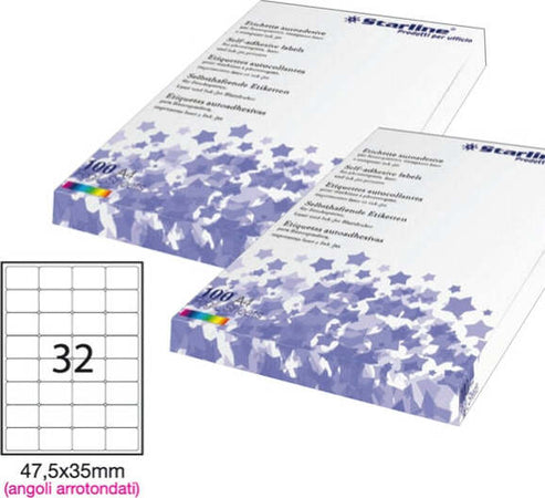 Etichetta adesiva - permanente - 47 5x35 mm - angoli tondi - 32 etichette per foglio - bianco - Starline - conf. 100 fogli A4 Cancelleria e prodotti per ufficio/Archivio ufficio e accessori per scrivania/Etichette divisori per schedario e timbri/Etichette ed etichette adesive/Etichette per stampanti Eurocartuccia - Pavullo, Commerciovirtuoso.it
