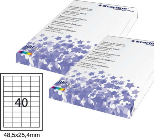 Etichetta adesiva - permanente - 48 5x25 4 mm - 40 etichette per foglio - bianco - Starline - conf. 100 fogli A4 Cancelleria e prodotti per ufficio/Archivio ufficio e accessori per scrivania/Etichette divisori per schedario e timbri/Etichette ed etichette adesive/Etichette per stampanti Eurocartuccia - Pavullo, Commerciovirtuoso.it