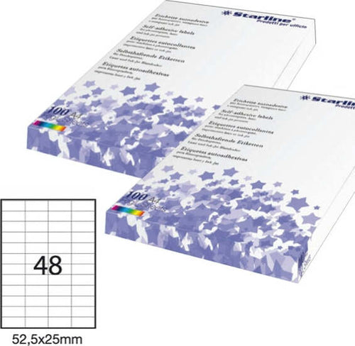 Etichetta adesiva - permanente - 52 5x25 mm - 48 etichette per foglio - bianco - Starline - conf. 100 fogli A4 Cancelleria e prodotti per ufficio/Archivio ufficio e accessori per scrivania/Etichette divisori per schedario e timbri/Etichette ed etichette adesive/Etichette per stampanti Eurocartuccia - Pavullo, Commerciovirtuoso.it