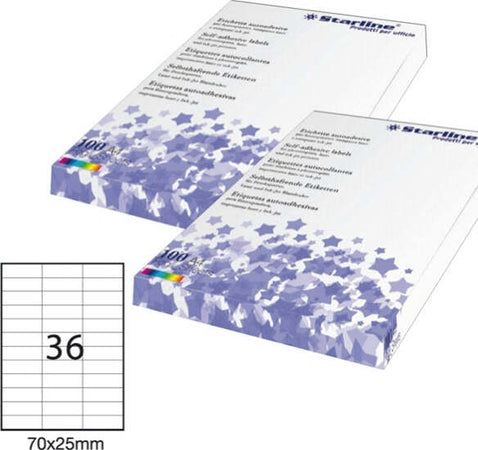 Etichetta adesiva - permanente - 70x25 mm - 36 etichette per foglio - bianco - Starline - conf. 100 fogli A4 Cancelleria e prodotti per ufficio/Archivio ufficio e accessori per scrivania/Etichette divisori per schedario e timbri/Etichette ed etichette adesive/Etichette per stampanti Eurocartuccia - Pavullo, Commerciovirtuoso.it