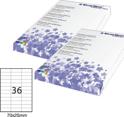 Etichetta adesiva - permanente - 70x25 mm - 36 etichette per foglio - bianco - Starline - conf. 100 fogli A4 Cancelleria e prodotti per ufficio/Archivio ufficio e accessori per scrivania/Etichette divisori per schedario e timbri/Etichette ed etichette adesive/Etichette per stampanti Eurocartuccia - Pavullo, Commerciovirtuoso.it