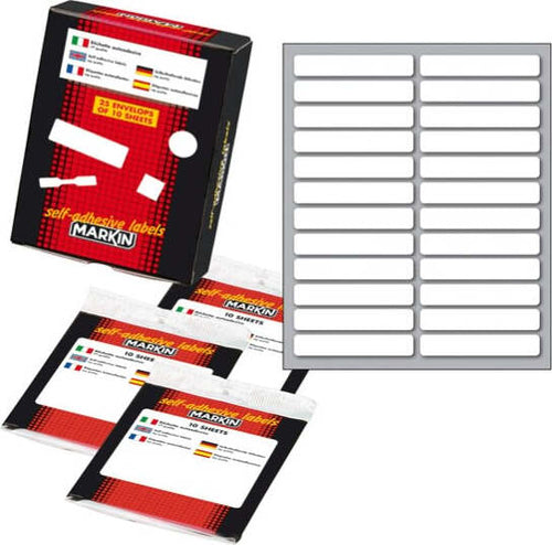 Etichetta adesiva - permanente - rettangolare - 56x10 mm - 24 etichette per foglio - 10 fogli per busta - bianco - Markin [multipack] 25 pezzi Cancelleria e prodotti per ufficio/Archivio ufficio e accessori per scrivania/Etichette divisori per schedario e timbri/Etichette ed etichette adesive/Etichette per prezzatrici Eurocartuccia - Pavullo, Commerciovirtuoso.it