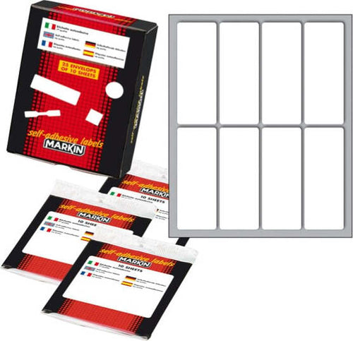 Etichetta adesiva - permanente - rettangolare - 70x27 mm - 8 etichette per foglio - 10 fogli per busta - bianco - Markin [multipack] 25 pezzi Cancelleria e prodotti per ufficio/Archivio ufficio e accessori per scrivania/Etichette divisori per schedario e timbri/Etichette ed etichette adesive/Etichette per prezzatrici Eurocartuccia - Pavullo, Commerciovirtuoso.it