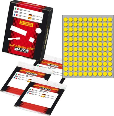 Etichetta adesiva - permanente - tonda D 10 mm - 120 etichette per foglio - 10 fogli per busta - giallo - Markin Cancelleria e prodotti per ufficio/Archivio ufficio e accessori per scrivania/Etichette divisori per schedario e timbri/Etichette ed etichette adesive/Etichette per prezzatrici Eurocartuccia - Pavullo, Commerciovirtuoso.it