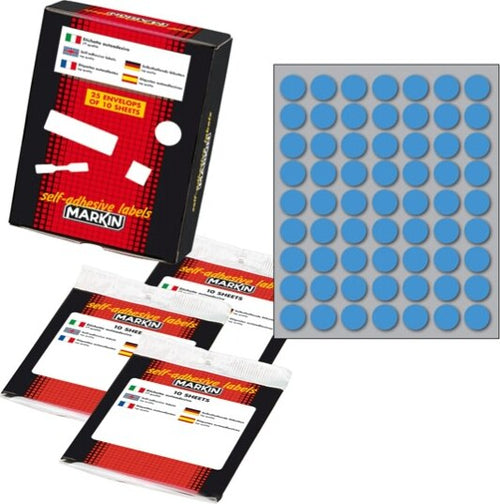 Etichetta adesiva - permanente - tonda D 14 mm - 63 etichette per foglio - 10 fogli per busta - blu - Markin Cancelleria e prodotti per ufficio/Archivio ufficio e accessori per scrivania/Etichette divisori per schedario e timbri/Etichette ed etichette adesive/Etichette per prezzatrici Eurocartuccia - Pavullo, Commerciovirtuoso.it