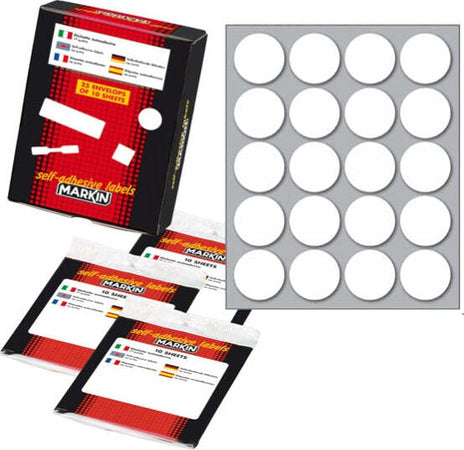 Etichetta adesiva - permanente - tonda D 27 mm - 20 etichette per foglio - 10 fogli per busta - bianco - Markin Cancelleria e prodotti per ufficio/Archivio ufficio e accessori per scrivania/Etichette divisori per schedario e timbri/Etichette ed etichette adesive/Etichette per prezzatrici Eurocartuccia - Pavullo, Commerciovirtuoso.it