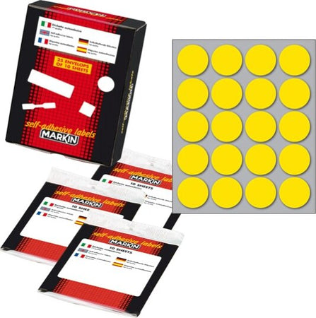 Etichetta adesiva - permanente - tonda D 27 mm - 20 etichette per foglio - 10 fogli per busta - giallo - Markin Cancelleria e prodotti per ufficio/Archivio ufficio e accessori per scrivania/Etichette divisori per schedario e timbri/Etichette ed etichette adesive/Etichette per prezzatrici Eurocartuccia - Pavullo, Commerciovirtuoso.it