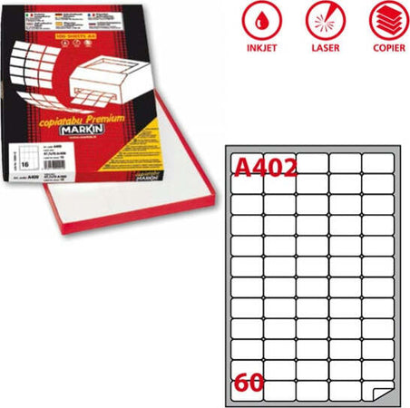 Etichetta adesiva A402 - permanente - 37 5x23 5 mm - 60 etichette per foglio - bianco - Markin - scatola 100 fogli A4 Cancelleria e prodotti per ufficio/Archivio ufficio e accessori per scrivania/Etichette divisori per schedario e timbri/Etichette ed etichette adesive/Etichette per stampanti Eurocartuccia - Pavullo, Commerciovirtuoso.it