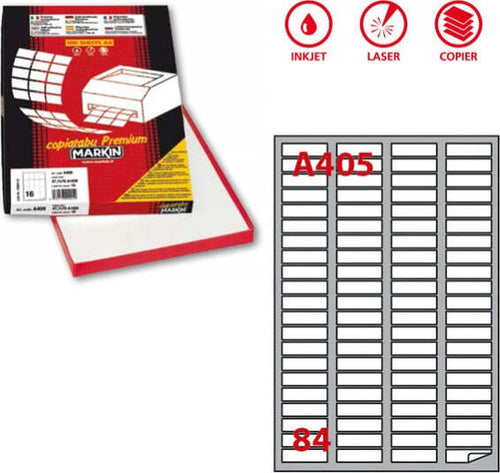 Etichetta adesiva A405 - permanente - 46x11 1 mm - 84 etichette per foglio - bianco - Markin - scatola 100 fogli A4 Cancelleria e prodotti per ufficio/Archivio ufficio e accessori per scrivania/Etichette divisori per schedario e timbri/Etichette ed etichette adesive/Etichette per stampanti Eurocartuccia - Pavullo, Commerciovirtuoso.it