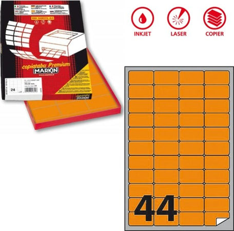 Etichetta adesiva A406 - permanente - 47 5x25 5 mm - 44 etichette per foglio - arancio fluo - Markin - scatola 100 fogli A4 Cancelleria e prodotti per ufficio/Archivio ufficio e accessori per scrivania/Etichette divisori per schedario e timbri/Etichette ed etichette adesive/Etichette per stampanti Eurocartuccia - Pavullo, Commerciovirtuoso.it