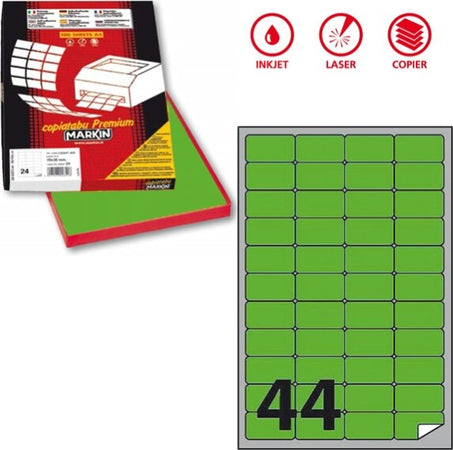 Etichetta adesiva A406 - permanente - 47 5x25 5 mm - 44 etichette per foglio - verde fluo - Markin - scatola 100 fogli A4 Cancelleria e prodotti per ufficio/Archivio ufficio e accessori per scrivania/Etichette divisori per schedario e timbri/Etichette ed etichette adesive/Etichette per stampanti Eurocartuccia - Pavullo, Commerciovirtuoso.it