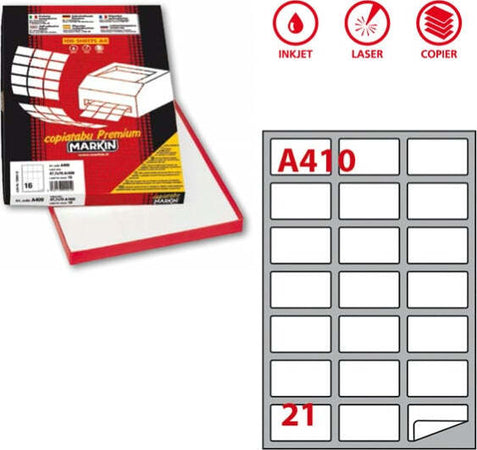 Etichetta adesiva A410 - permanente - 63 5x38 1 mm - 21 etichette per foglio - bianco - Markin - scatola 100 fogli A4 Cancelleria e prodotti per ufficio/Archivio ufficio e accessori per scrivania/Etichette divisori per schedario e timbri/Etichette ed etichette adesive/Etichette per stampanti Eurocartuccia - Pavullo, Commerciovirtuoso.it