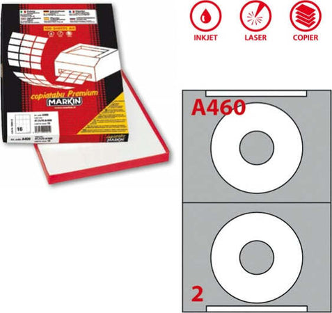 Etichetta adesiva A460 per CD - permanente - diametro CD 114 5 mm - foro 41 mm - 2 etichette per foglio - bianco - Markin - scatola 100 fogli A4 Cancelleria e prodotti per ufficio/Archivio ufficio e accessori per scrivania/Etichette divisori per schedario e timbri/Etichette ed etichette adesive/Etichette per stampanti Eurocartuccia - Pavullo, Commerciovirtuoso.it