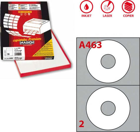 Etichetta adesiva A463 per CD - permanente - diametro CD 117 5 mm - foro 41 mm - 2 etichette per foglio - bianco - Markin - scatola 100 fogli A4 Cancelleria e prodotti per ufficio/Archivio ufficio e accessori per scrivania/Etichette divisori per schedario e timbri/Etichette ed etichette adesive/Etichette per stampanti Eurocartuccia - Pavullo, Commerciovirtuoso.it