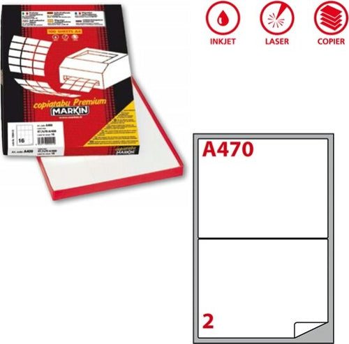 Etichetta adesiva A470 - permanente - 199 6x143 5 mm - 2 etichette per foglio - bianco - Markin - scatola 100 fogli A4 Cancelleria e prodotti per ufficio/Archivio ufficio e accessori per scrivania/Etichette divisori per schedario e timbri/Etichette ed etichette adesive/Etichette per stampanti Eurocartuccia - Pavullo, Commerciovirtuoso.it