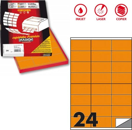 Etichetta adesiva C500 - permanente - 70x36 mm - 24 etichette per foglio - arancio fluo - Markin - scatola 100 fogli A4 Cancelleria e prodotti per ufficio/Archivio ufficio e accessori per scrivania/Etichette divisori per schedario e timbri/Etichette ed etichette adesive/Etichette per stampanti Eurocartuccia - Pavullo, Commerciovirtuoso.it